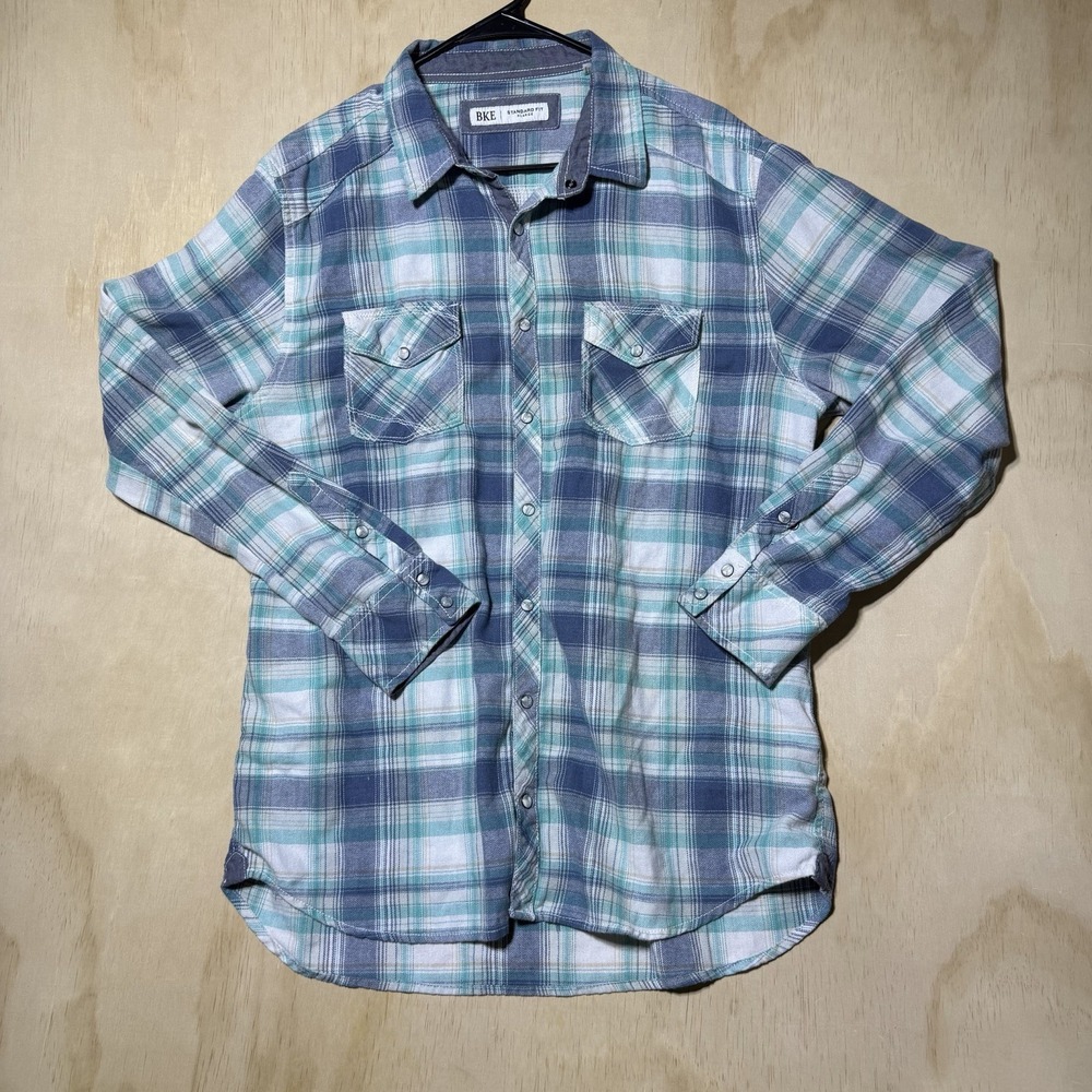 BKE Men's XL Plaid Flannel Shirt Snap Button Western Standard Fit Blue Green